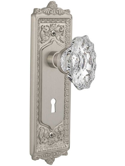 Egg and Dart Design Door Set with Keyhole and Chateau Crystal Glass Knobs in Satin Nickel.